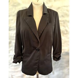 Guess Black Matte Satin Blazer Ruched Sleeve 1-Button Tuxedo Style Jacket M Y2K